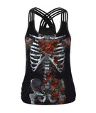 Halloween Hollow Out Women Tank Tops Streetwear Skull Pattern Tops Print Gothic Rose Vest Sleeveless Fitness