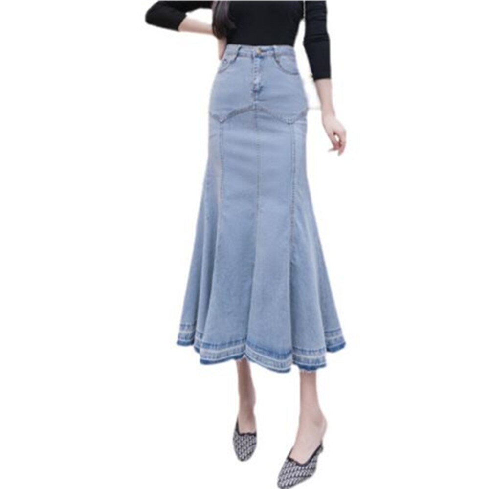 Ruffle Trumpet Vintage Long Summer Girls High Waist Fishtail Jeans Bodycon Maxi Denim Skirts