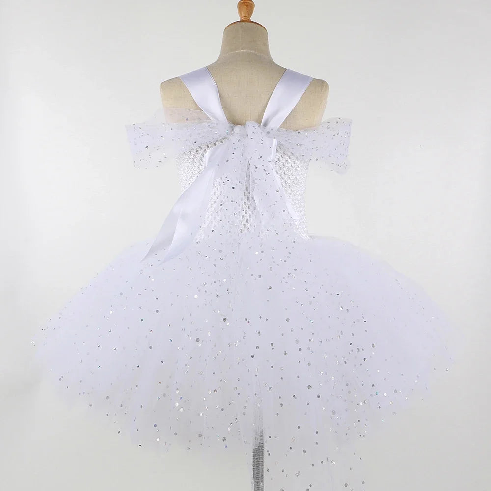 Sparkling White Angel Costumes for Girls Christmas Halloween Dress for Kids Flower Fairy Tutu Outfit with Wings Set Girl Clothes