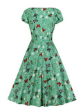 Butterfly and Floral Print Short Sleeve Summer Women Drawstring Sweetheart Neck A-Line 50s Vintage Dress
