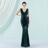 Women White Beading Long Prom Dress Deep V Neck Sequin Evening Sexy Party Maxi Dress