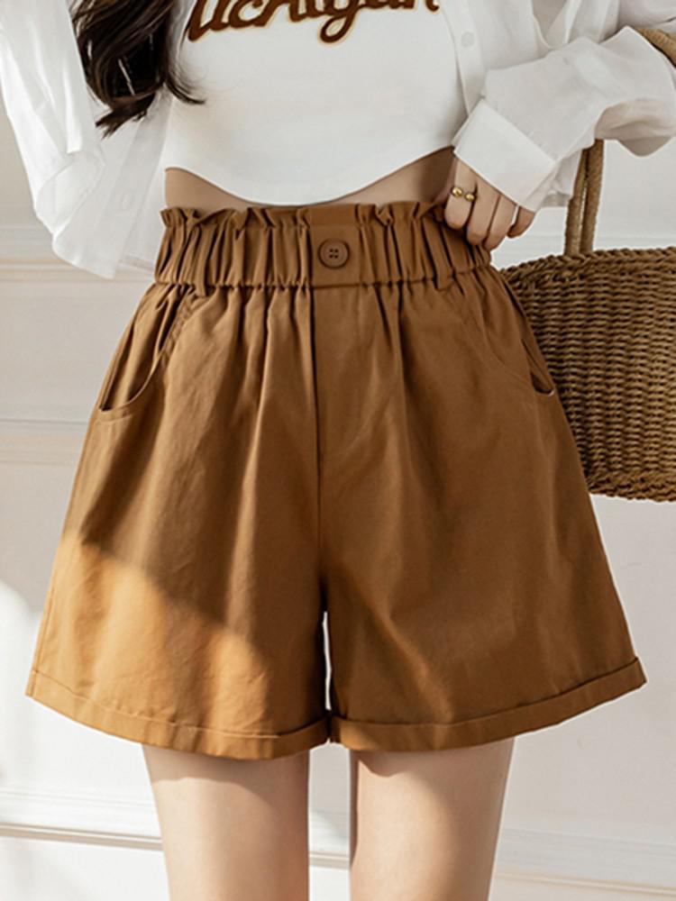 High Waist Casual Women Summer Fashion Elastic Waist Solid Color Comfortable Cotton Shorts