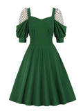 Square Neck Dotted Mesh Lantern Sleeve Women Vintage Green Swing Knee Length Elegant Party A-Line Dress