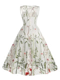 Floral Embroidered Mesh Overlay Vintage Long Dresses for Women High Waist Birthday Party Elegant Summer Dress