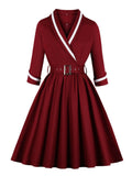 Vintage Style Wrap Belted Elegant Pleated Autumn Dress Women Winter Robe Femme 3/4 Length Sleeve Cotton Dresses