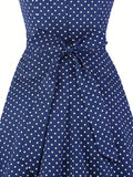 3XL 4XL Vintage Dresses for Women Square Neck Puff Sleeve Belted Polka Dot Print Blue Elegant 50s Pinup Midi Dress