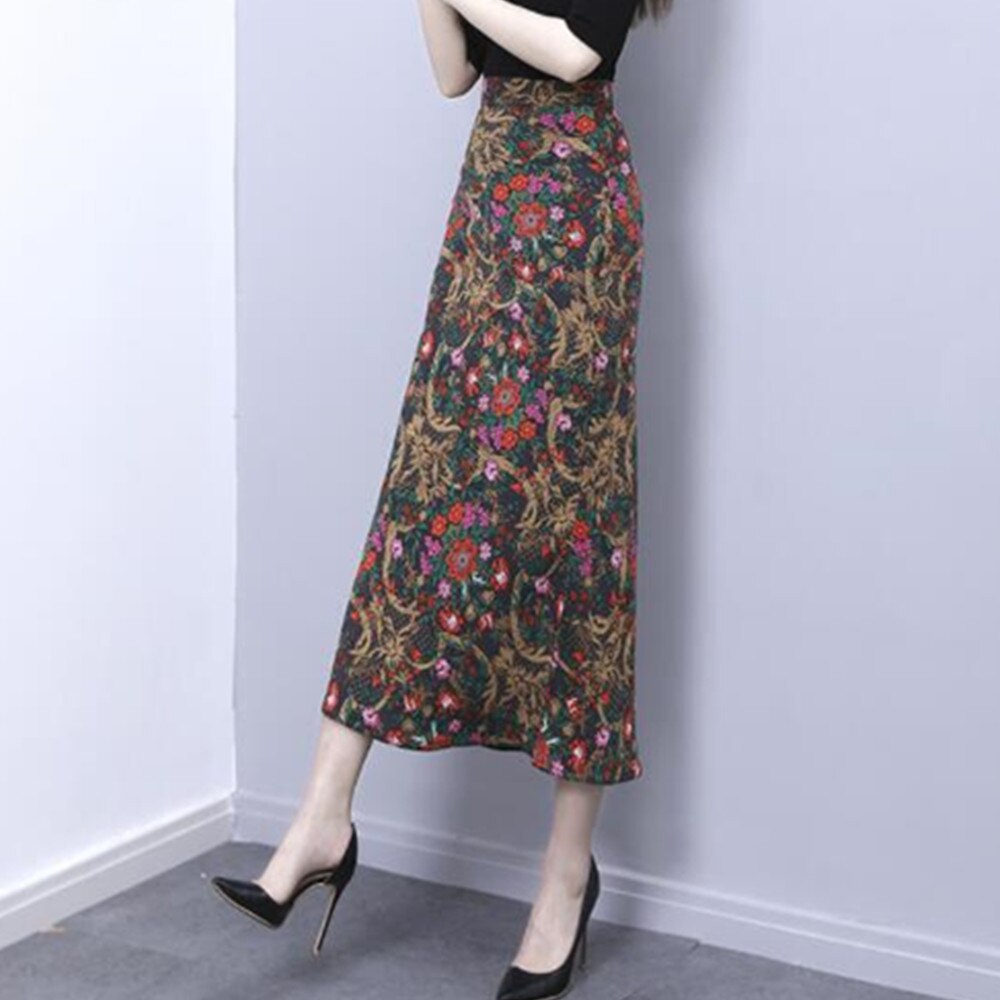 Print Women Vintage Floral Bodycon Office Lady Korean Style High Waist Long Summer Skirt