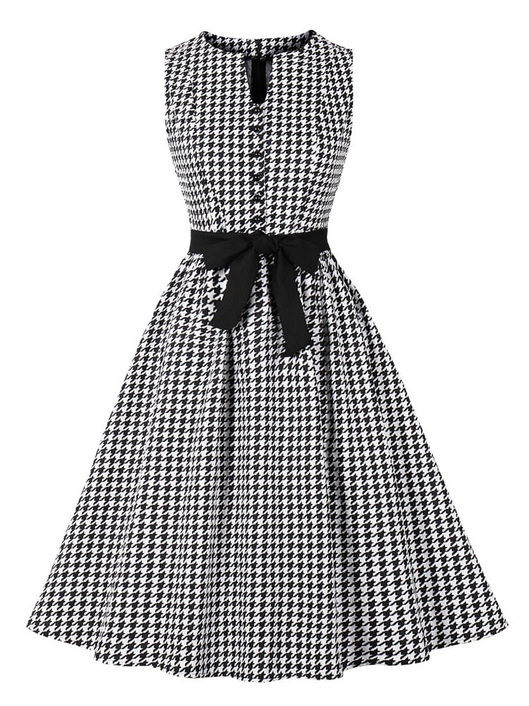 Notch Neck Button Front Houndstooth Cotton Elegant Summer Women Sleeveless Belted A-Line Vintage Dress
