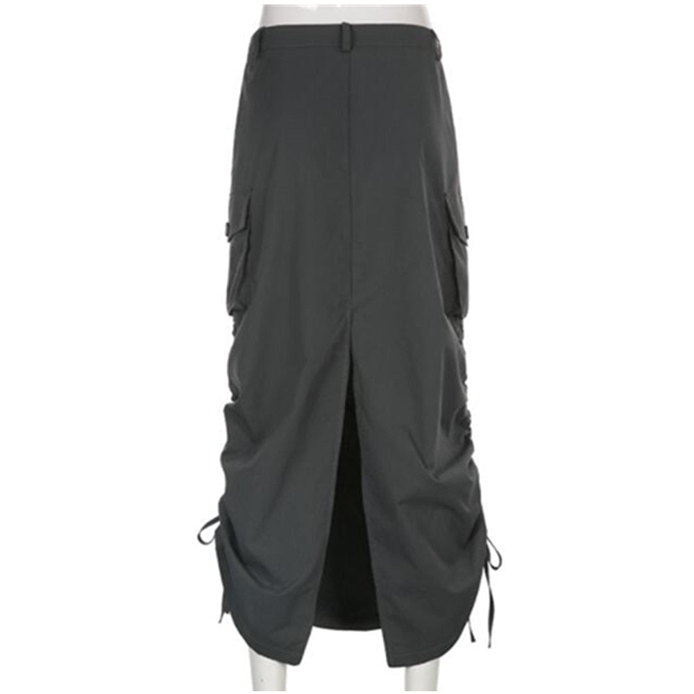 y2k Grey Retro Long Skirts Prepply Baggy Cargo Patchwork Ruched Midi Skirts Women Streetwear Pockets Korean Skirts 90s Vintage