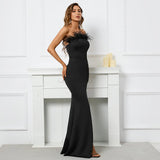 Off Shoulder Feather Long Sexy Slit Satin Dress Floor Length Black Evening Party Maxi Celebrity Dress