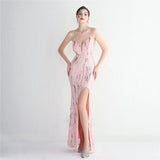 Women Sexy Slit Party Maxi Dress Strap V Neck Evening Dress Pink Sequin Dress Long Prom Dress