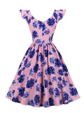 V-Neck Ruffle Sleeve High Waist Vintage Pink with Floral Summer Dress Women Retro 50s Party Pleated Dress