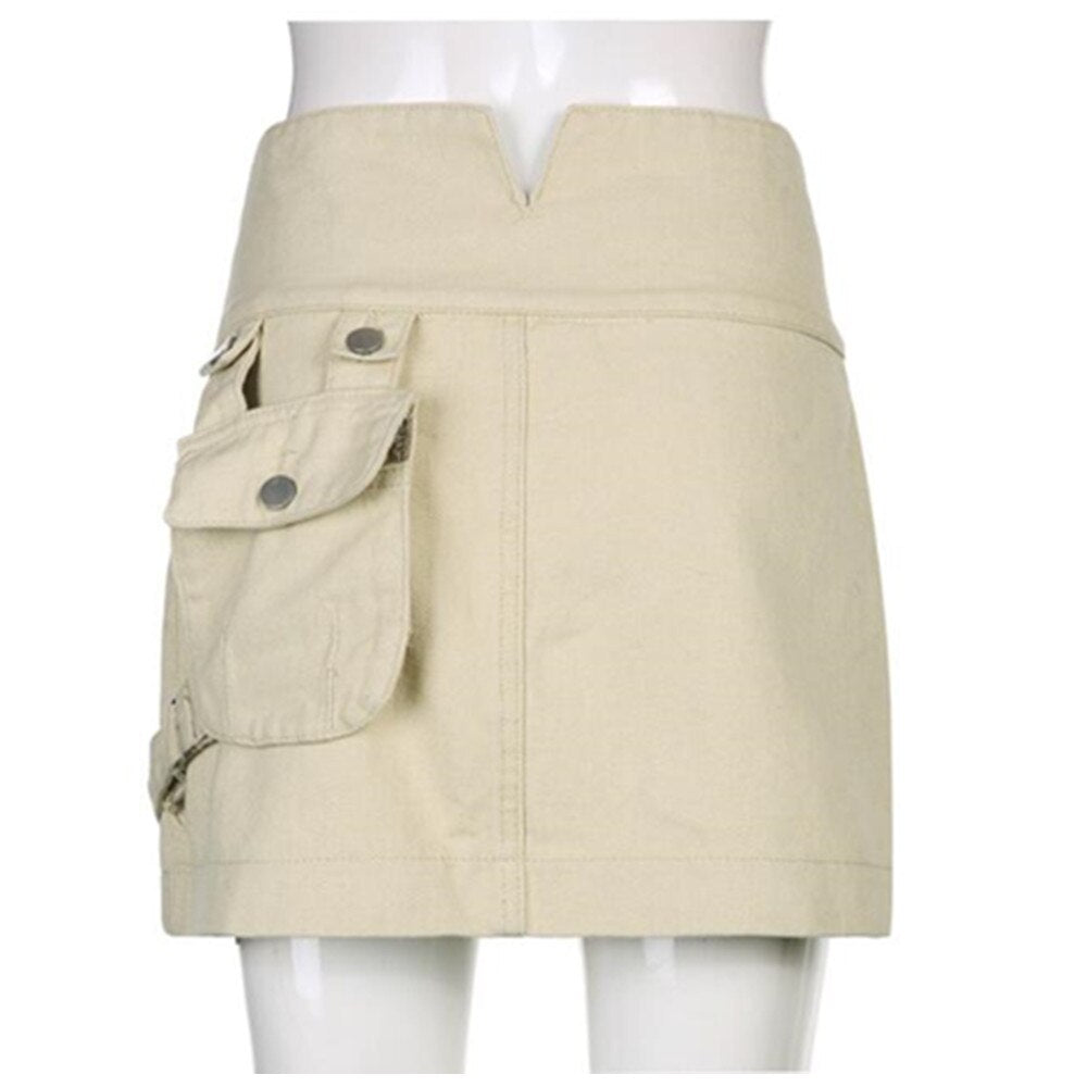 Y2K Streetwear Cargo Skirts With Pockets High Waisted Preppy Mini Skirts Women Vintage Korean Chic Pencil Skirts