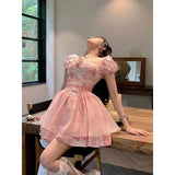 Summer Pink Korean Women French Vintage Evening Party Mini Chiffon Princess Kawaii Dress