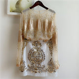 2pcs/Set Birthday Party New Women Heavy Craft Nail Bead Long Sleeve Sequin Rivet Shirt With Buttocks And Sqeuin Skirt