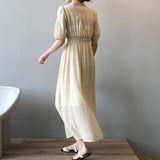 Women Elegant V-Neck A-Line Long Casual Sweet Puff Sleeve Dress Streetwear