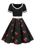 Pink V-Neck Short Sleeve Pleated Vintage Strawberry Dress with Belt Women 50s Pinup Robe Evening Summer Dress