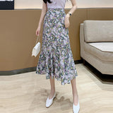 Women Chiffon Casual Summer Vintage Floral Print High Waist Ladies Elegant A-line Long Skirt