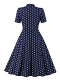 Bow Tie Neck Button Up Navy Blue Polka Dot Vintage 50s Short Sleeve Women Summer Midi Dress