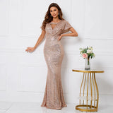 Elegant Long Gold Sequin Dress V Neck Party Maxi Dress Women Prom Evening Dress