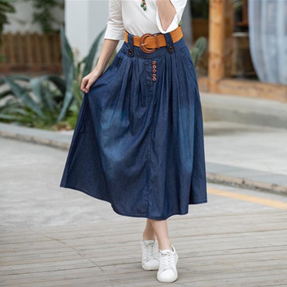 A Line Denim Maxi Skirts Womens 2022 Summer Button High Waist Jean Skirt Ladies Blue Long Denim Skirts For Women
