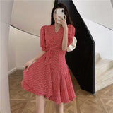 V Neck Short Puff Sleeve Ruffle Hem Wrap Dress Floral Print Casual Mini Dress